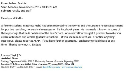 matthew riehl wyoming email Gunmans Past Included Warning From Alma Mater
