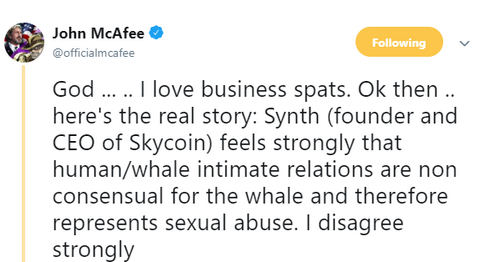 John McAfee Dismissed by Skycoin for Tweets About Whale Copulating