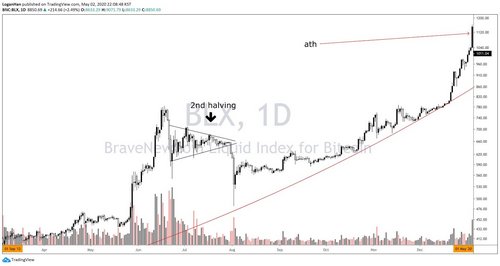 Bitcoin price fell right after the 2nd halving in 2016. Source: Logan Han