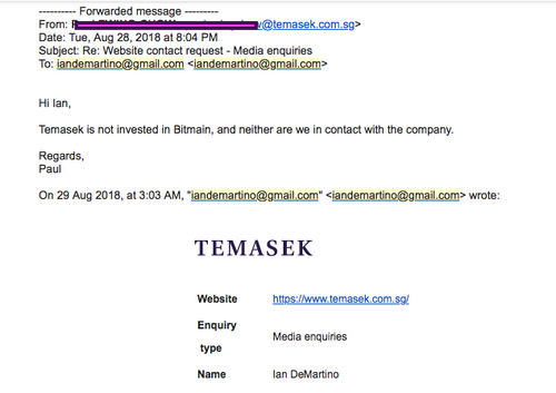 Temasek Was Never in Contact With Bitmain, Is Not Invested