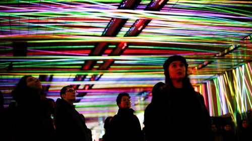 People attend 'Tunnel Visions: Array', an installation of light and sound in the Beech Street tunnel, as part of the Barbican OpenFest, in London, Britain March 17, 2018.