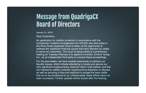 Massage from QuadrigaCX Board of Directors